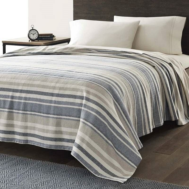 Full/Queen size Navy Blue Tan Cream Chevron Stripe Lightweight Cotton Blanket