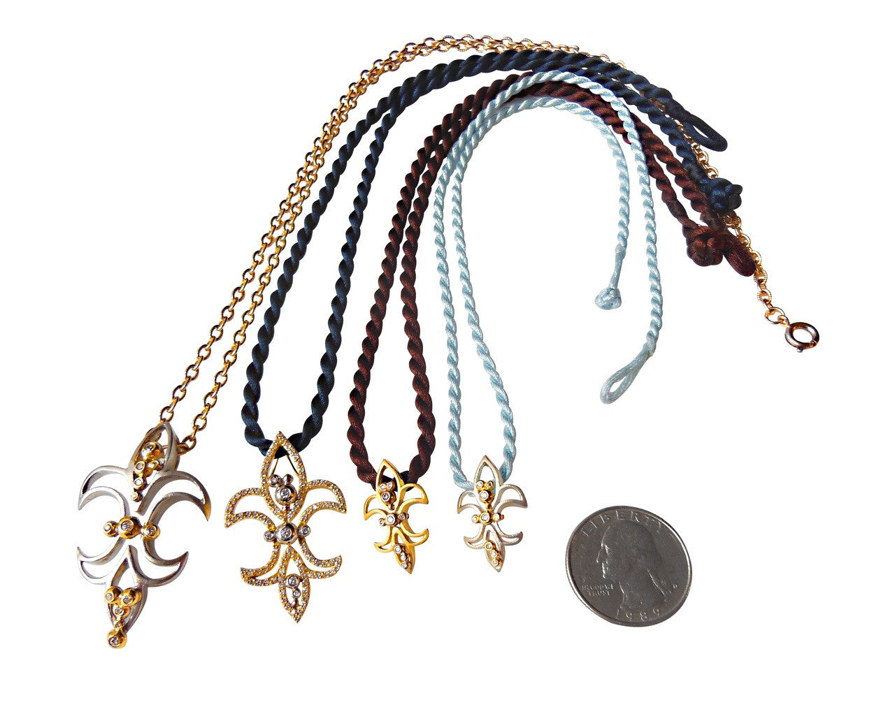 Fleur de Lis Mini Pendant / Necklace: Sterling Silver with 18K Gold Overflowing Diamond Dots