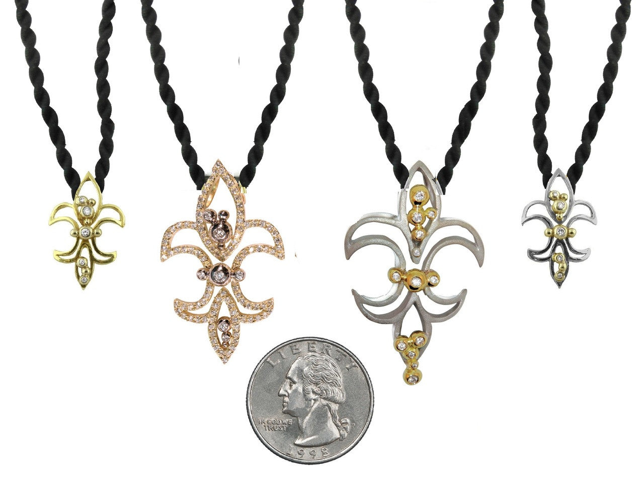 Fleur de Lis Mini Pendant / Necklace: Sterling Silver with 18K Gold Overflowing Diamond Dots