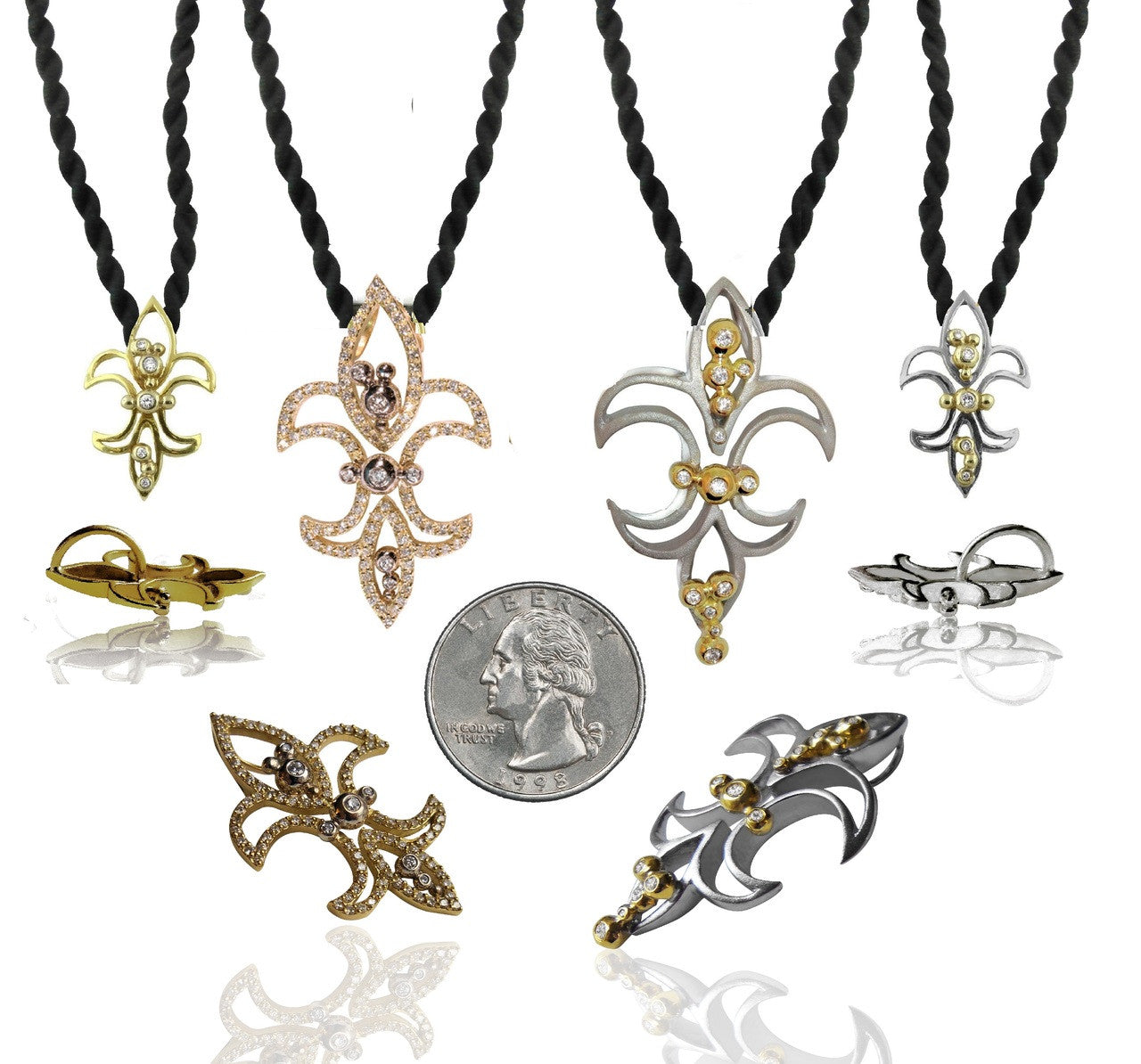 Fleur de Lis Mini Pendant / Necklace: Sterling Silver with 18K Gold Overflowing Diamond Dots