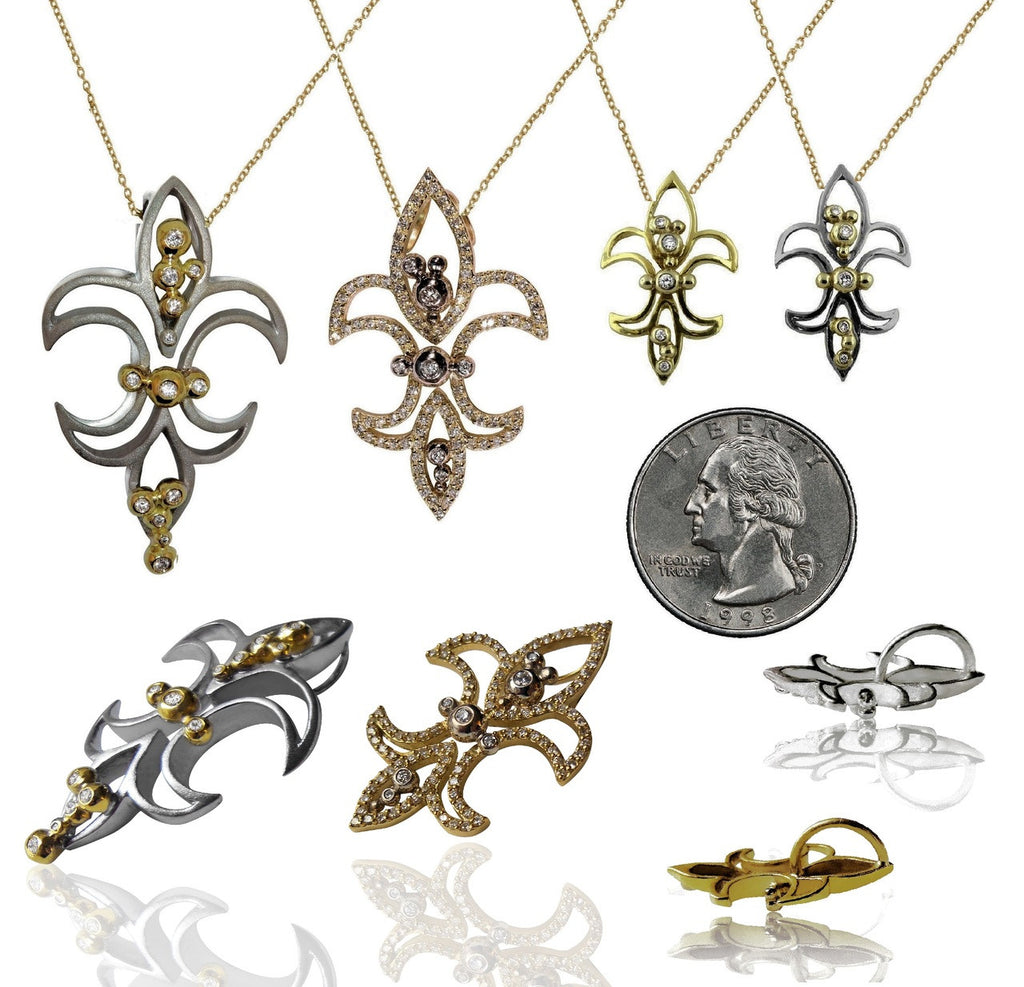 Fleur de Lis Mini Pendant / Necklace: Sterling Silver with 18K Gold Overflowing Diamond Dots