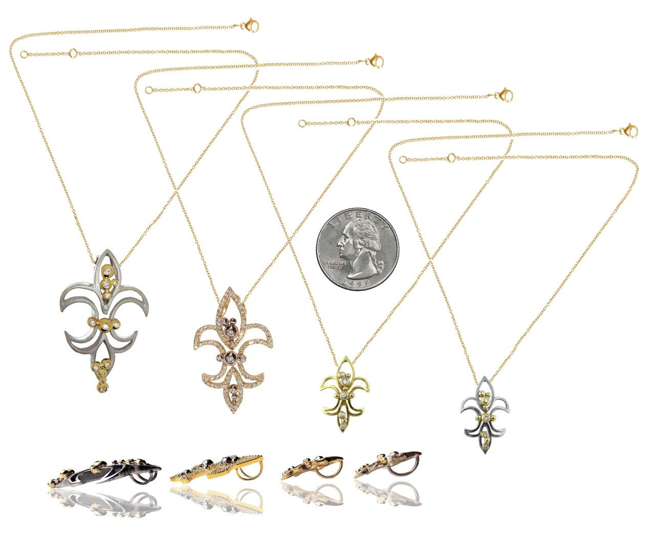 Fleur de Lis Mini Pendant / Necklace: Sterling Silver with 18K Gold Overflowing Diamond Dots