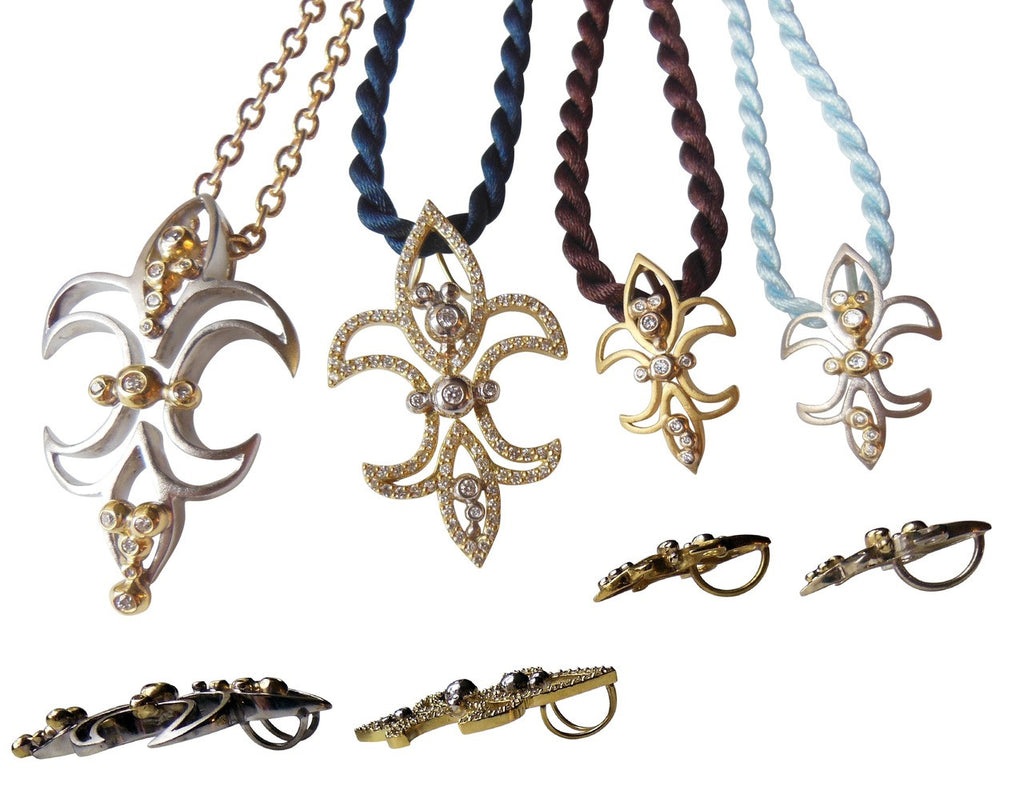 Fleur de Lis Mini Pendant / Necklace: Sterling Silver with 18K Gold Overflowing Diamond Dots