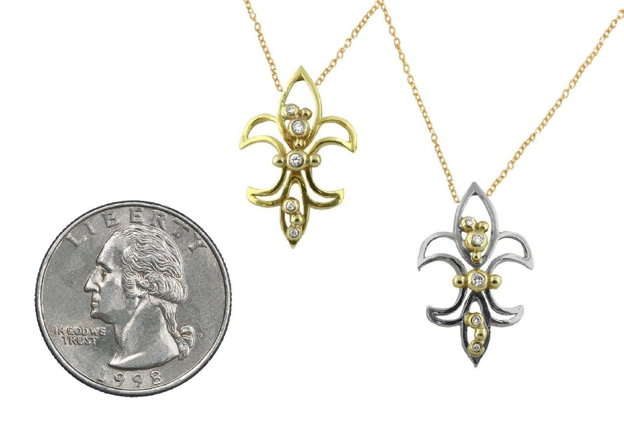 Fleur de Lis Mini Pendant / Necklace: Sterling Silver with 18K Gold Overflowing Diamond Dots