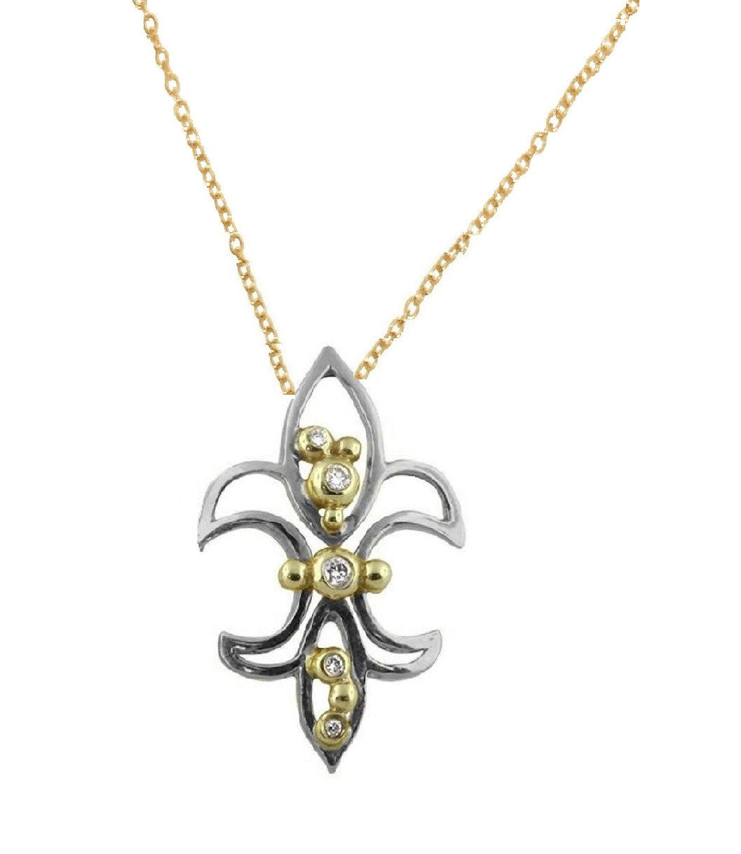 Fleur de Lis Mini Pendant / Necklace: Sterling Silver with 18K Gold Overflowing Diamond Dots