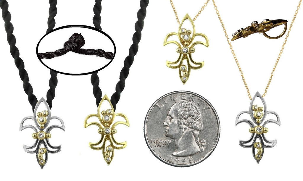 Fleur de Lis Mini Pendant / Necklace: Sterling Silver with 18K Gold Overflowing Diamond Dots