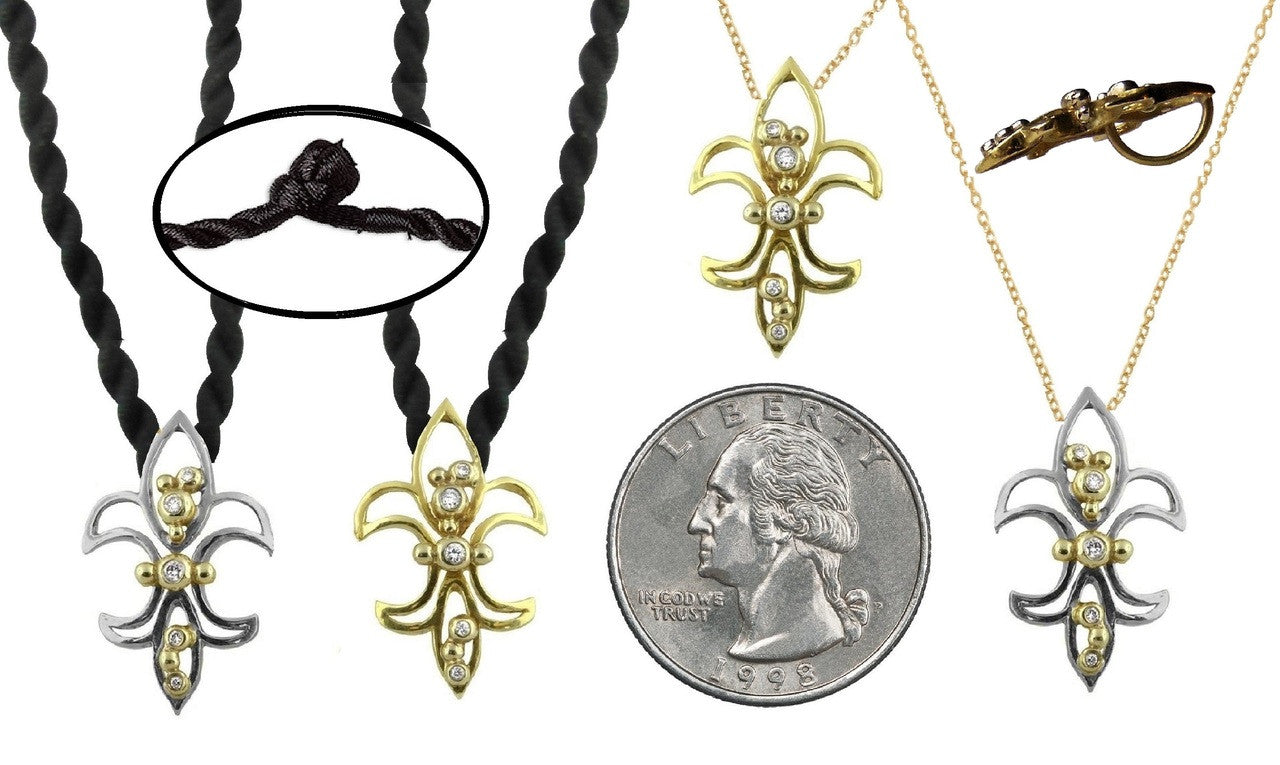 Fleur de Lis Mini Pendant / Necklace: Sterling Silver with 18K Gold Overflowing Diamond Dots