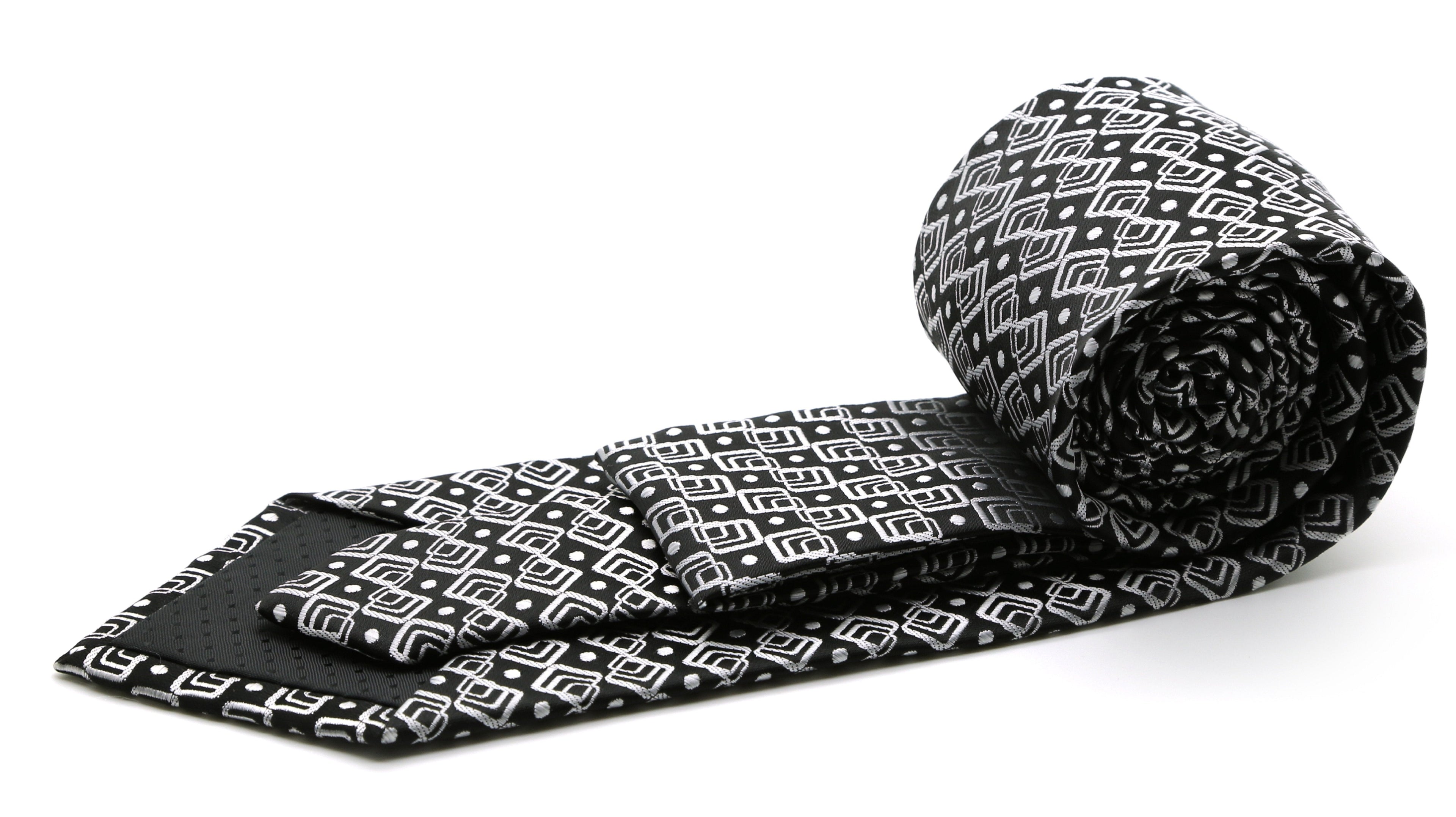 Mens Dads Classic Black Geometric Pattern Business Casual Necktie & Hanky Set G-1