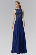 Floor Length Chiffon Long Dress with Bead Embellished Sheer Bodice