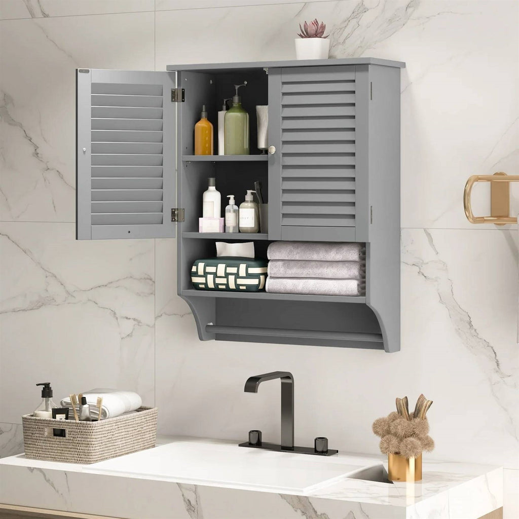 Grey Wall-Mounted Bathroom Medicine Cabinet with Louver Doors and Towel Bar-1