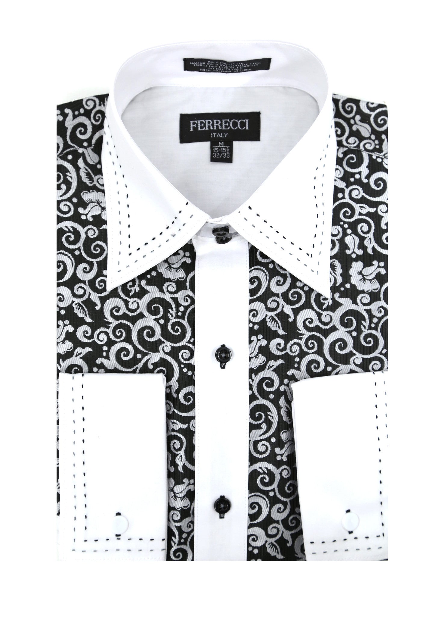 Ferrecci Men's Satine Hi-1006 Black & White Scroll Pattern Button Down Dress Shirt-0