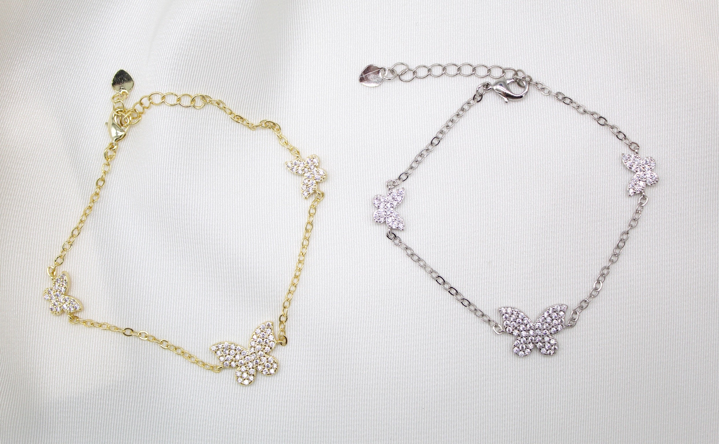 18K Gold Filled Rolo Bracelet With Micro Pave Butterfly Charms (I11)