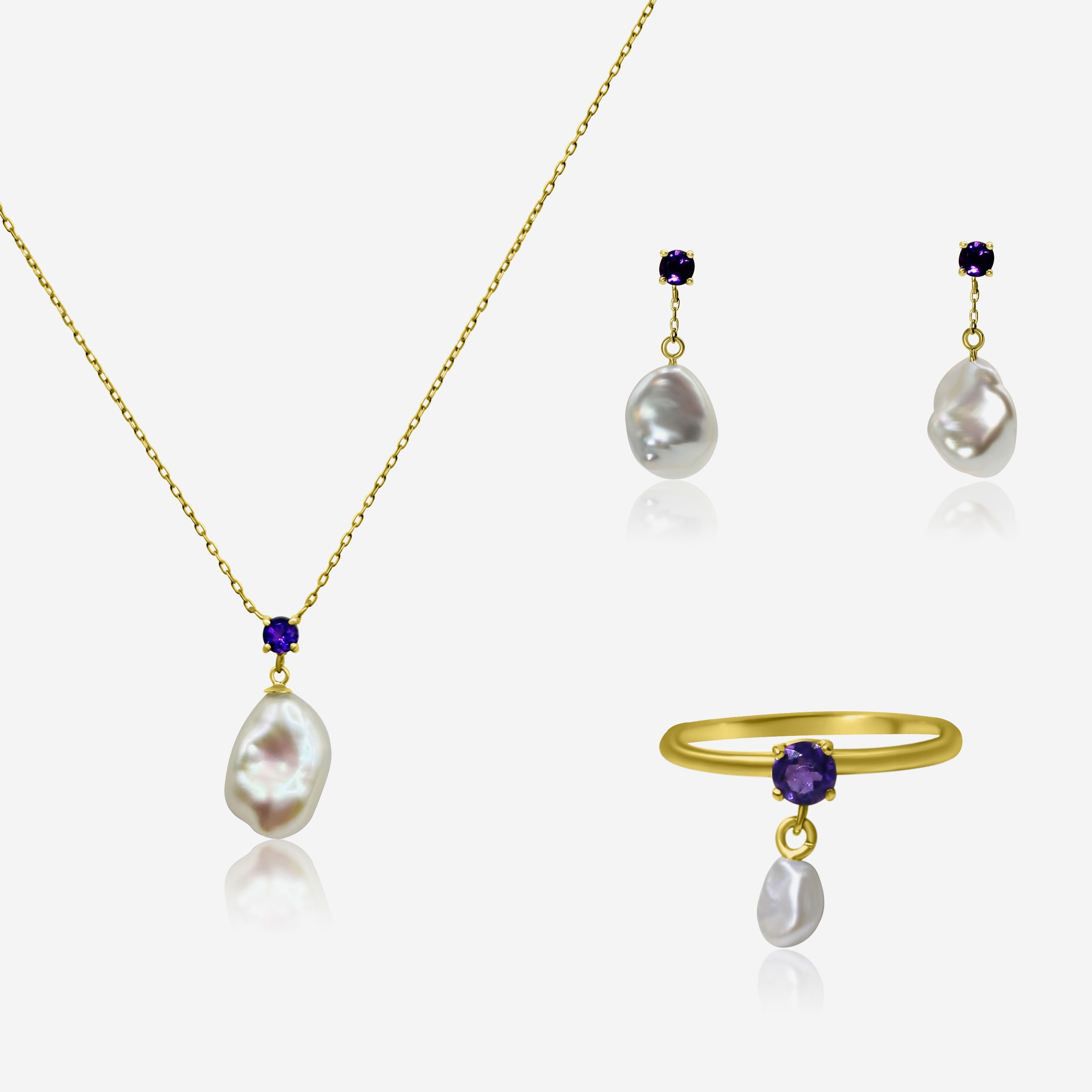 Amethyst w/ Freshwater Pearl Drop Earrings, Ring & Neclace
