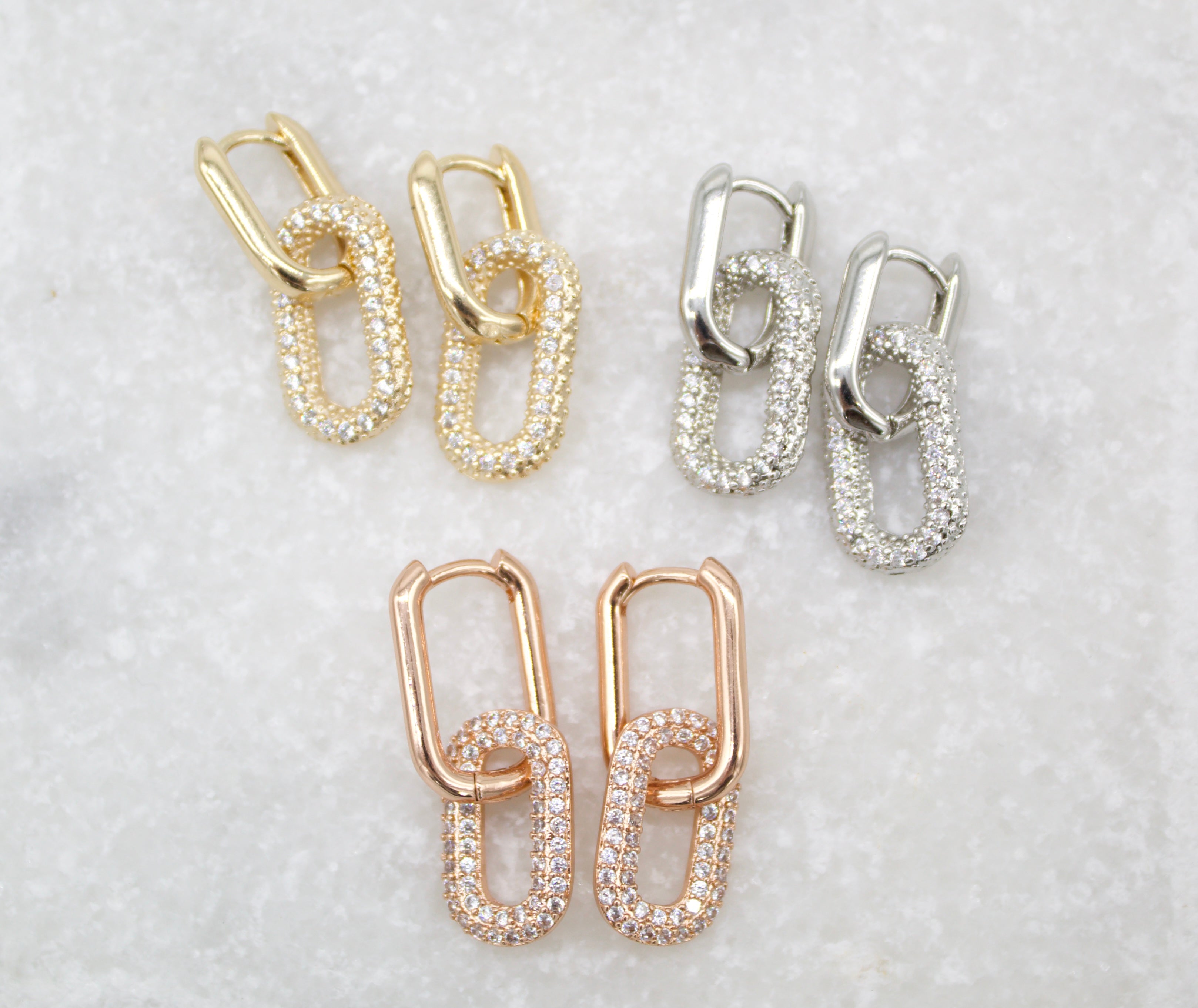 18K Gold Filled Huggies Link Dangle Drop Earrings With CZ Cubic Zirconia Stones (L205)