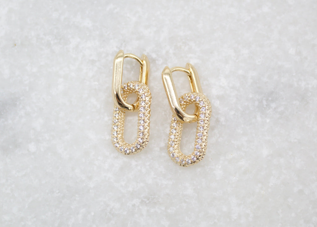 18K Gold Filled Huggies Link Dangle Drop Earrings With CZ Cubic Zirconia Stones (L205)