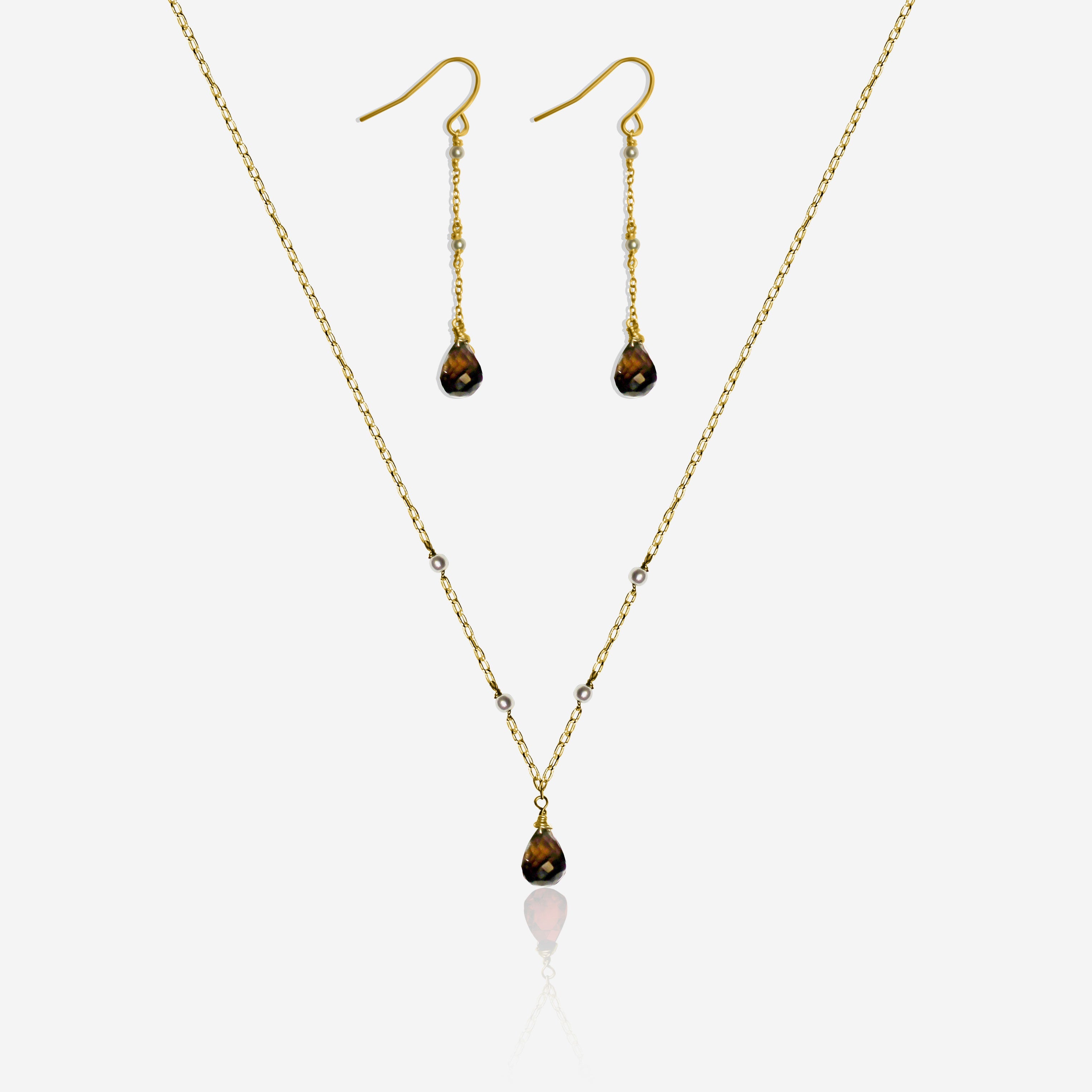 Smoky Quartz w/ Tiny Akoya Pearl Earrings & Necklace