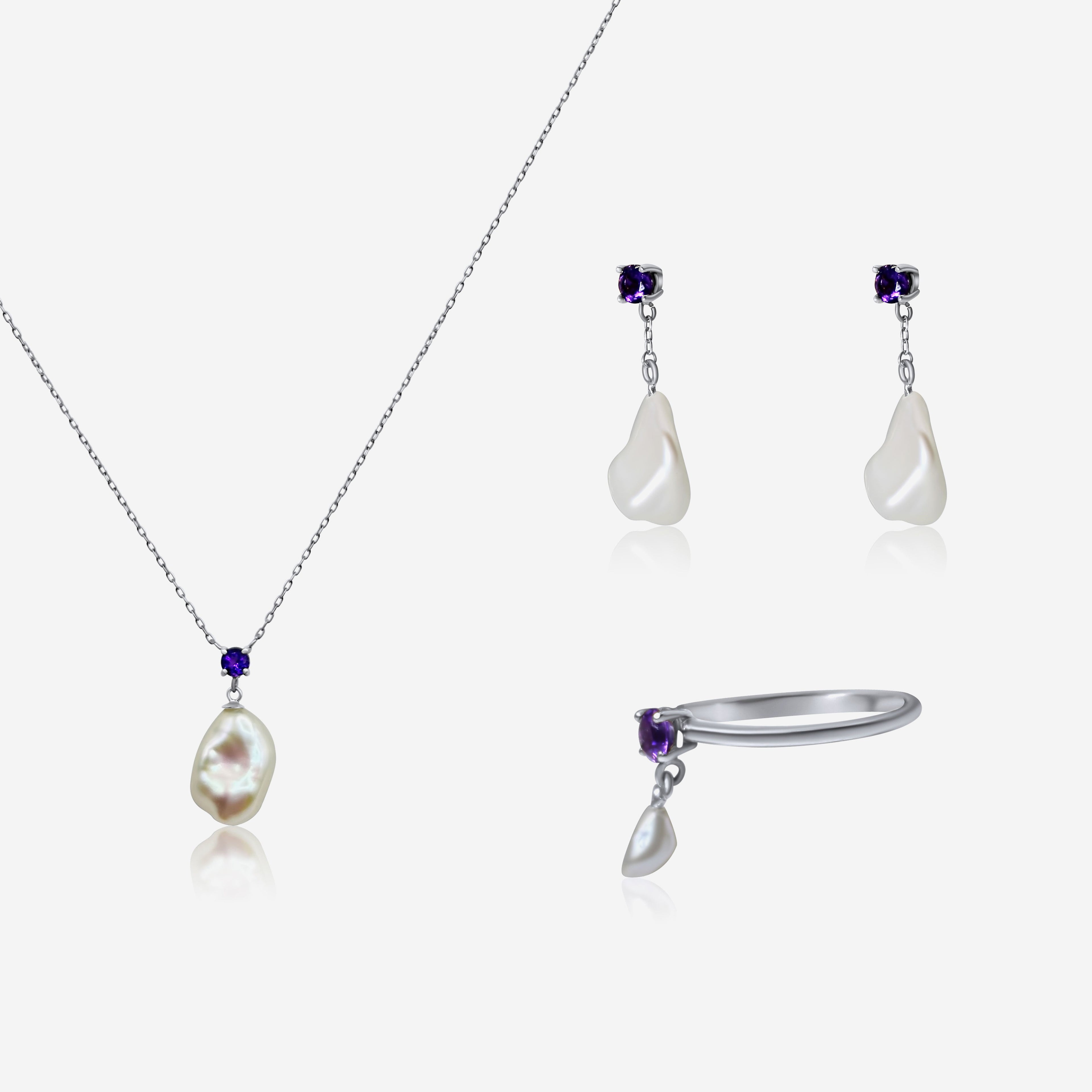 Amethyst w/ Freshwater Pearl Drop Earrings, Ring & Neclace