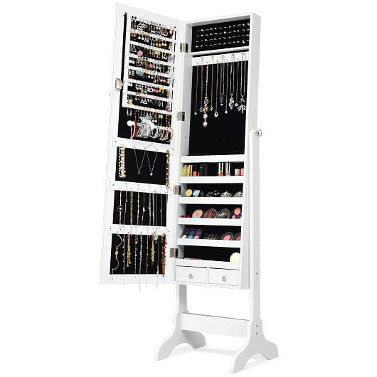 Lockable Mirrored Jewelry Cabinet Armoire Storage Organizer Box-Black