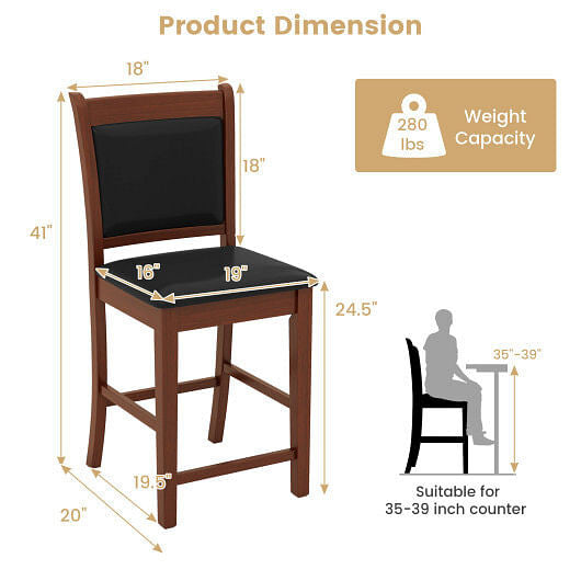 Upholstered Counter Stool Set of 2 with Solid Rubber Wood Frame-Brown
