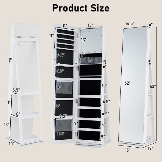 360?° Swivel Jewelry Cabinet with Full Length Mirror-White