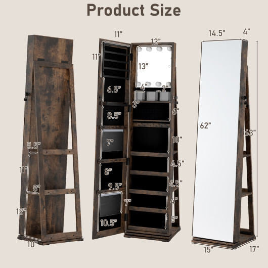 360?° Swivel Jewelry Cabinet with Full Length Mirror-White