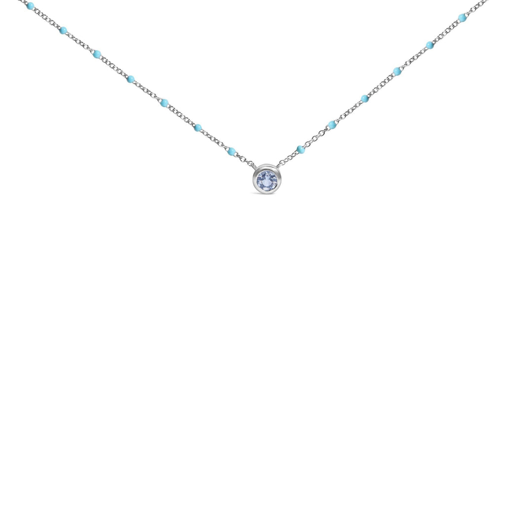 Sterling Silver Bezel Set Light Blue Aquamarine and Enamel Bead Chain Necklace