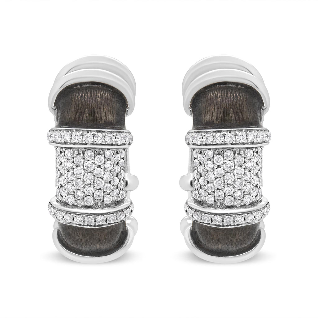 18K White Gold Flash Plated .925 Sterling Silver Clear Graphite Grey Enamel 5/8 Cttw Round Diamonds Huggie Hoop Earrings (F-G Color, VS1-VS2 Clarity)