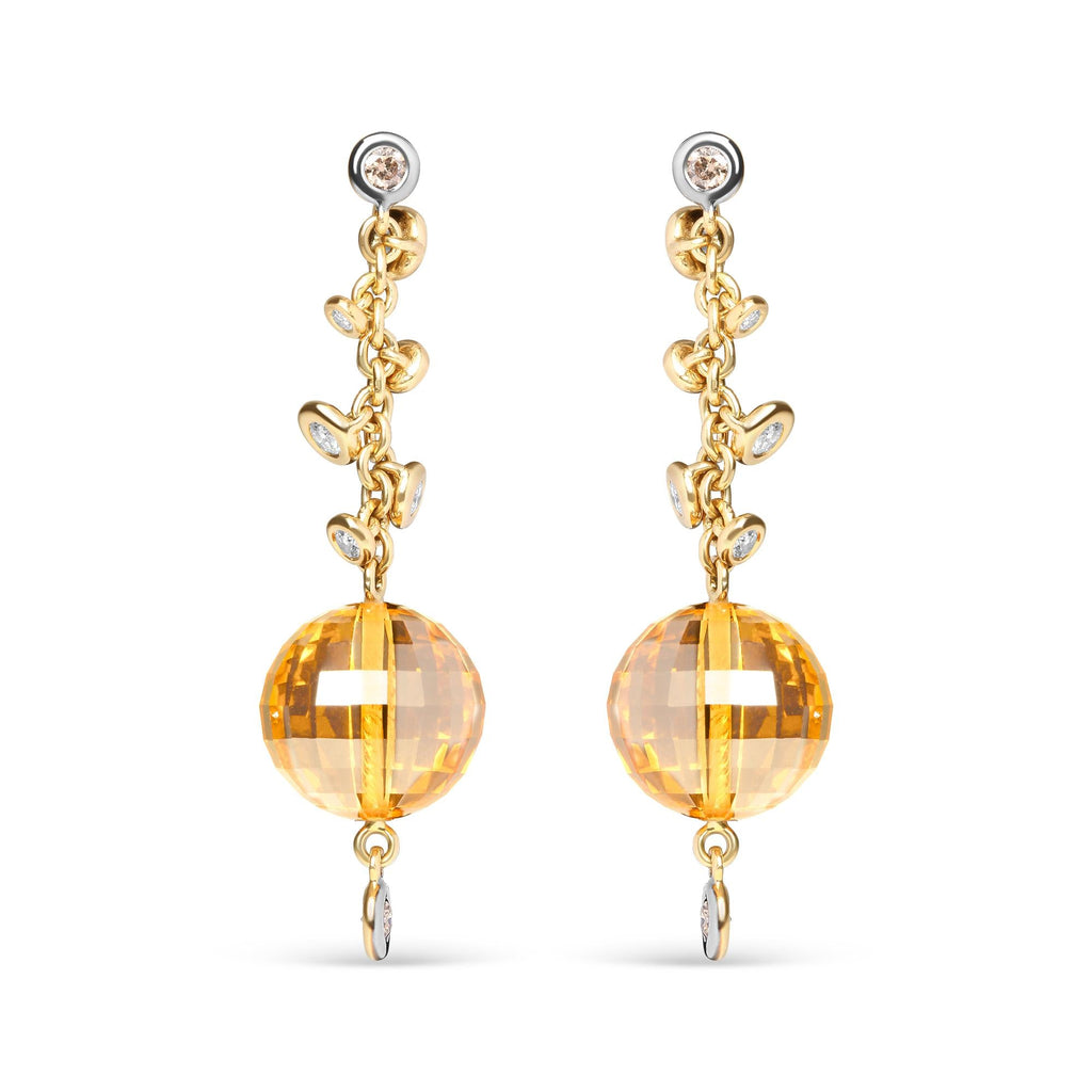 18K Yellow Gold 2/3 Cttw Round Bezel Diamond and 25mm Ball Shaped Yellow Citrine Gemstone Dangle Stud Earring (Brown and G-H Color, SI1-SI2 Clarity)