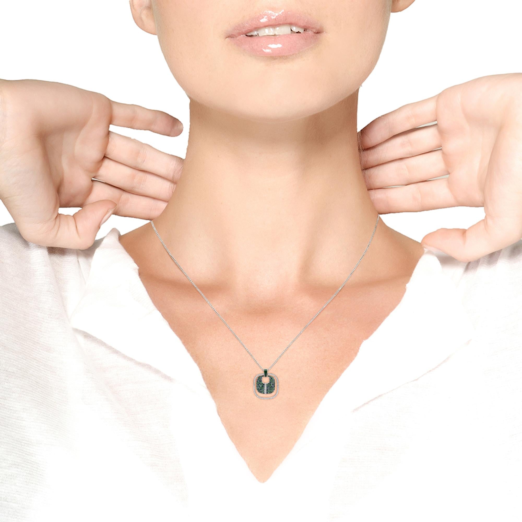 .925 Sterling Silver Green Enamel Pendant with 1/2 Cttw Diamond, Sapphire, and Tsavorite Openwork Statement 18" Pendant Necklace (F-G Color, VS1-VS2 Clarity)