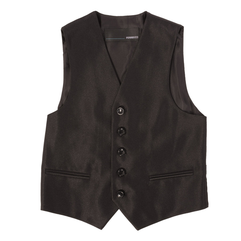 Boys Black Shiny Sharkskin Oxford 3pc Vested Suit