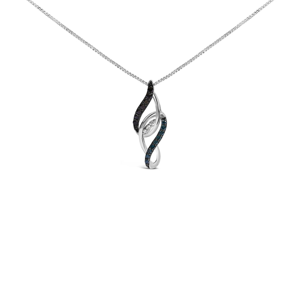 Sterling Silver 1/4 Cttw Black Blue White Diamond Linear Swirl Pendant Necklace
