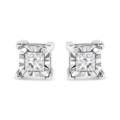.925 Sterling Silver Miracle Set Princess-Cut Diamond Solitaire Stud Earrings (I-J Color, SI1-SI2 Clarity)