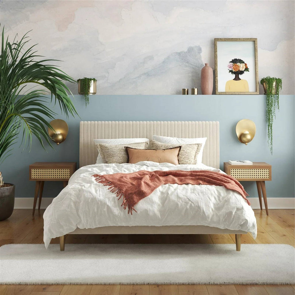 Queen Mid-Century Ivory Cream Velvet Upholstered Platform Bed with Headboard-3