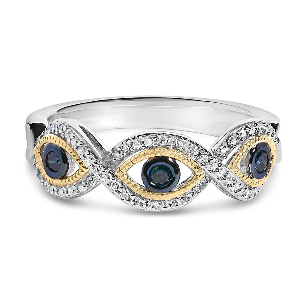 Sterling Silver 1/4 Cttw Blue and White Diamond Evil Eye Band Ring