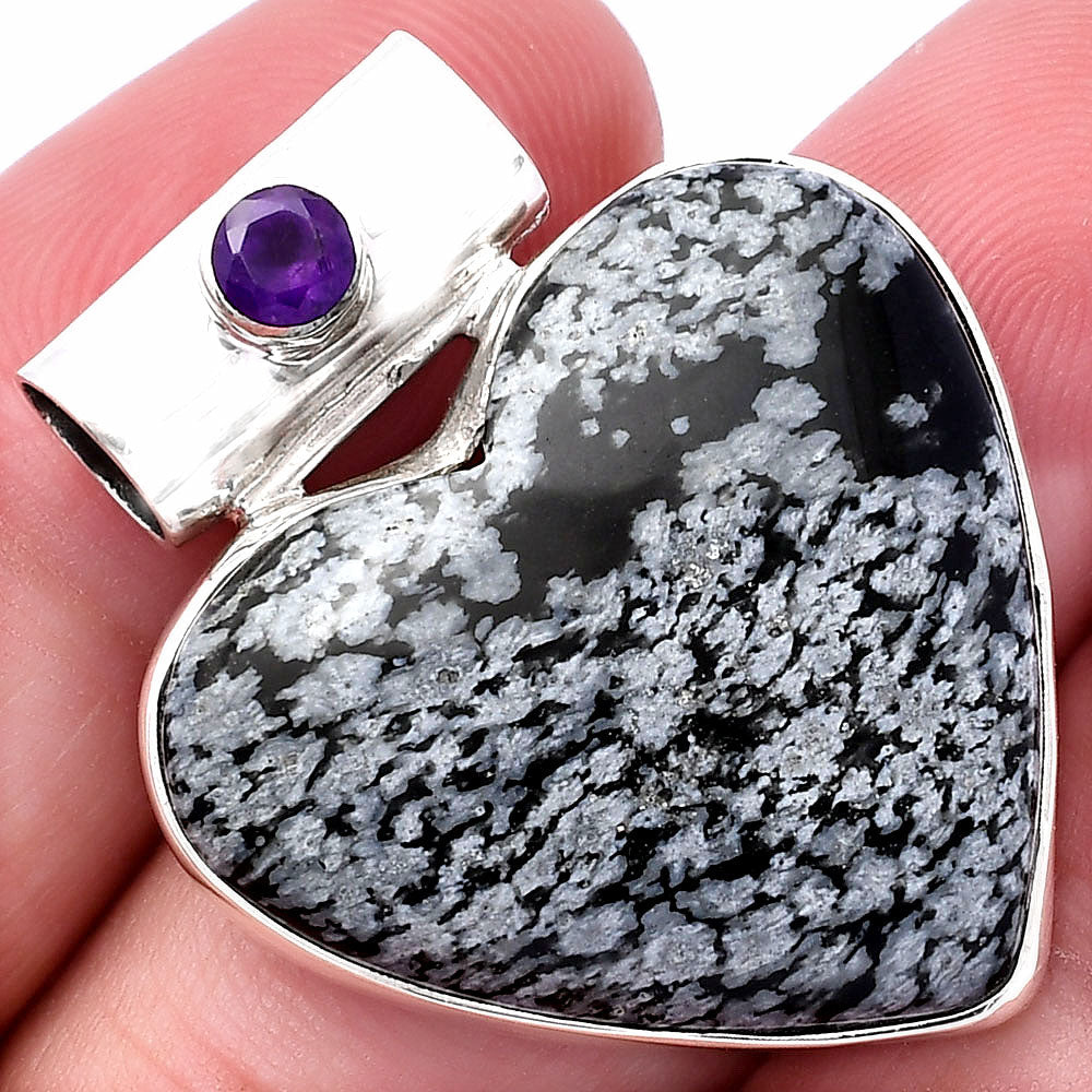 Heart Snow Flake Obsidian & Amethyst Pendant P-1300 SDP145379