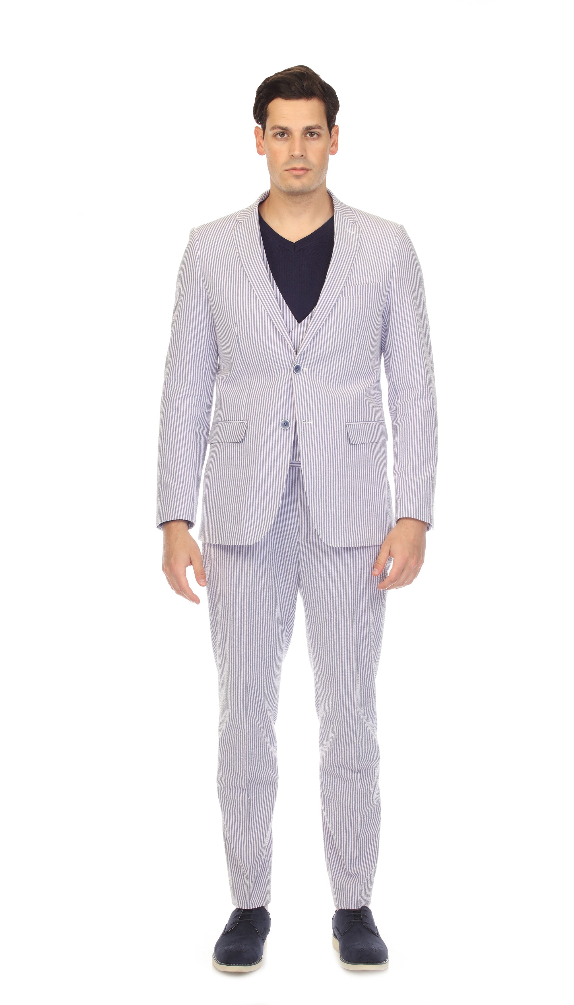 Men's Regular Fit Two Button Blue Seersucker Suit