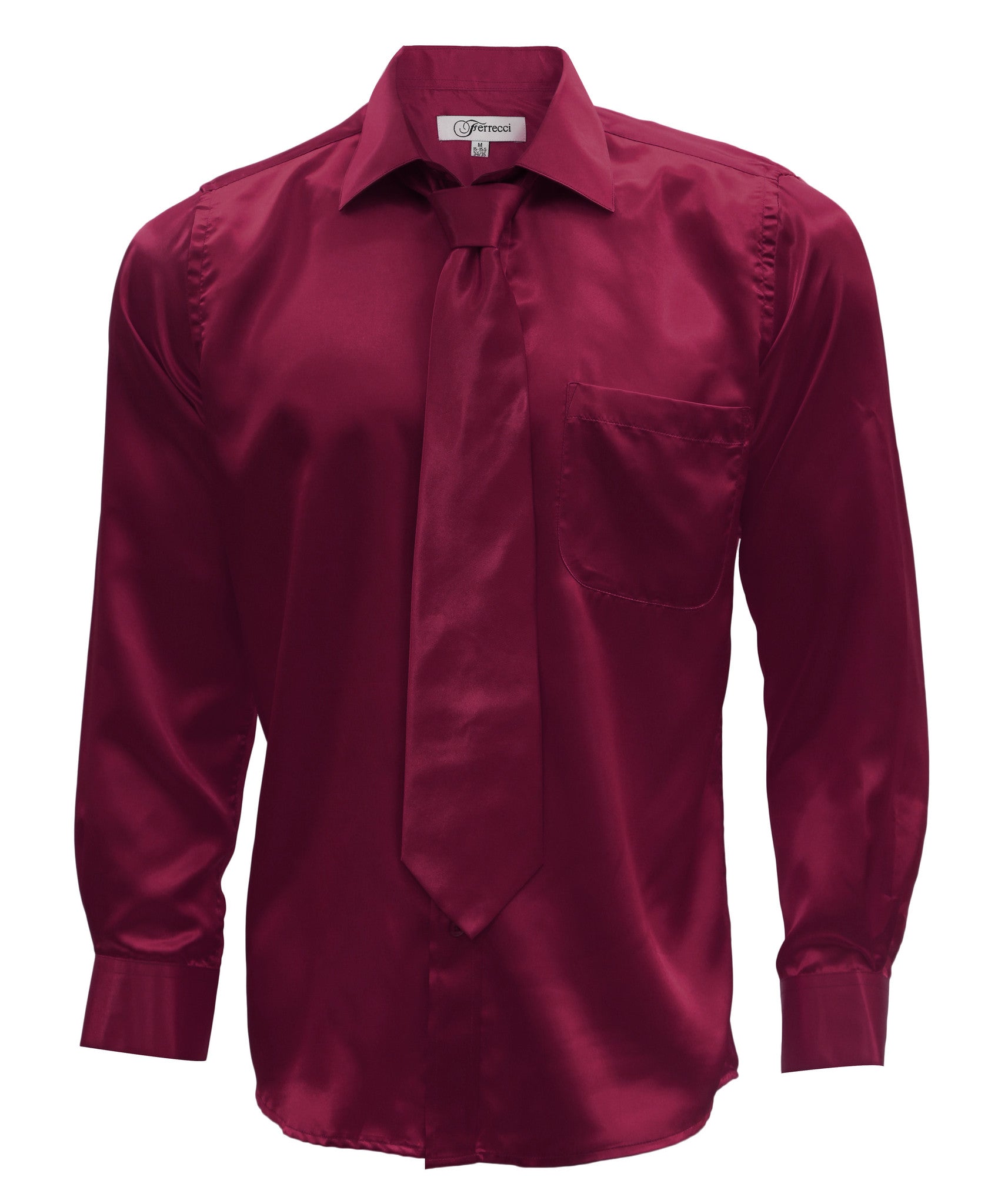 Burgundy Satin Regular Fit French Cuff Dress Shirt, Tie & Hanky Set-0