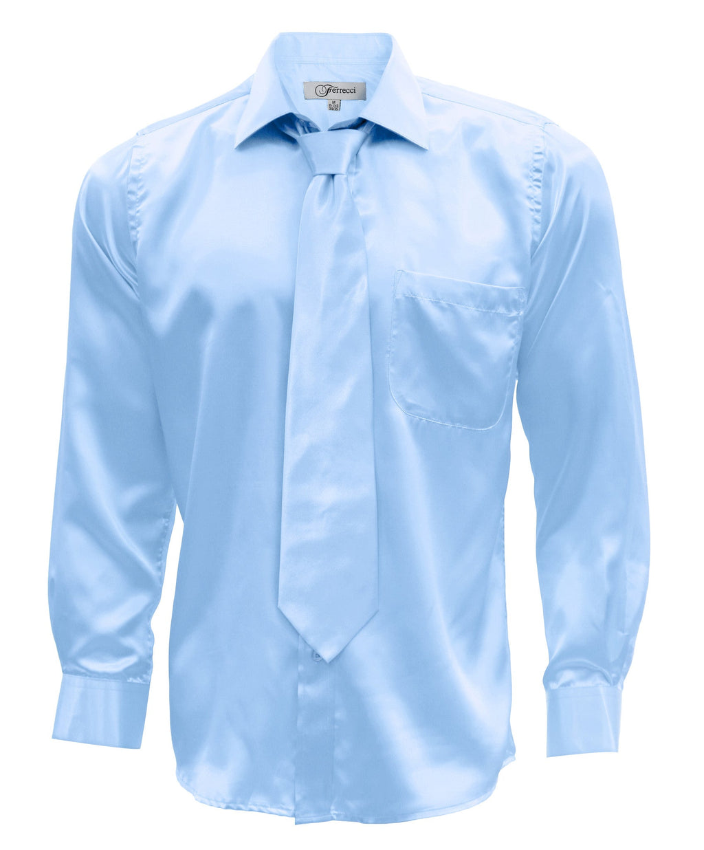 Sky Blue Satin Regular Fit Dress Shirt, Tie & Hanky Set-0