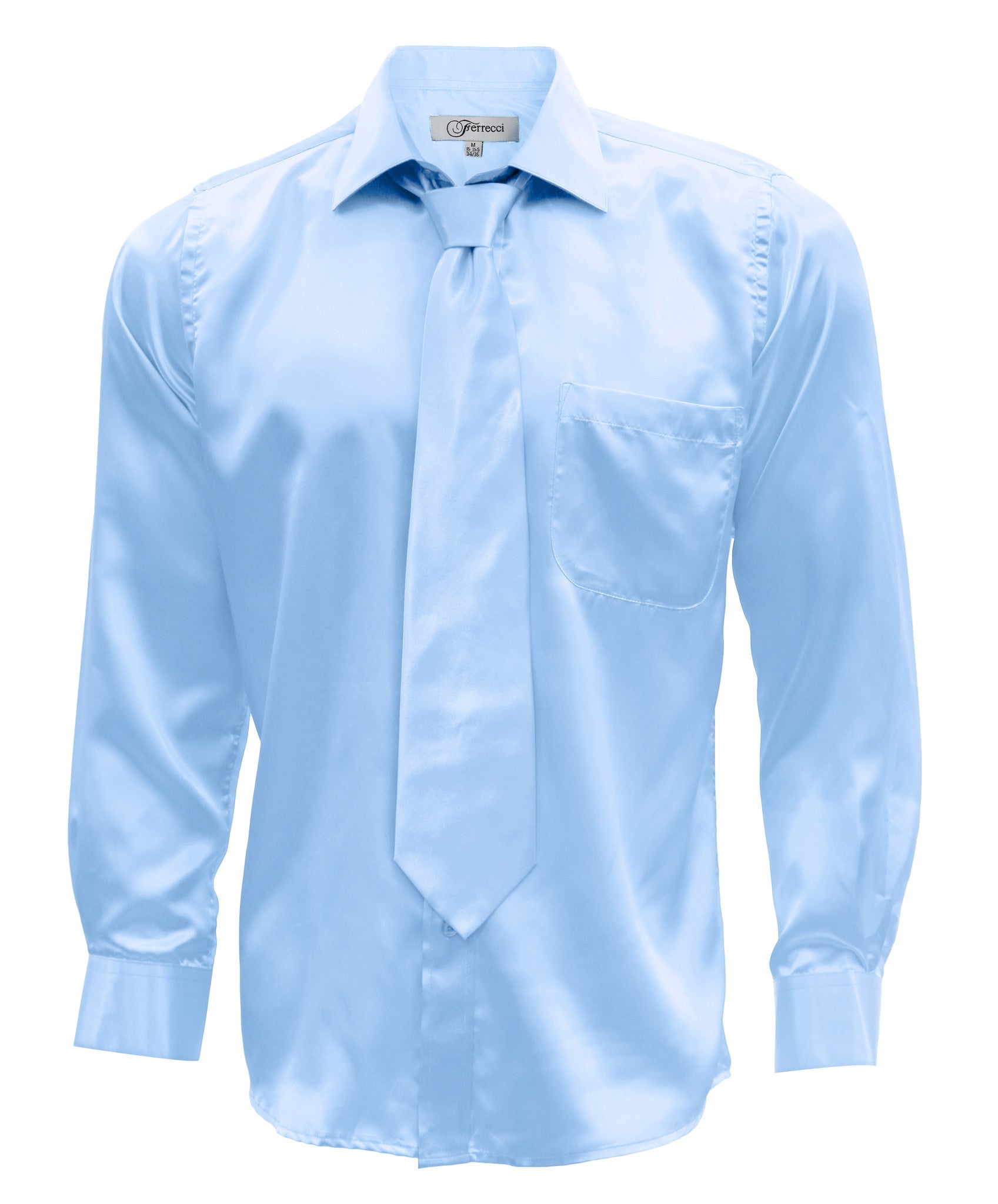 Sky Blue Satin Regular Fit Dress Shirt, Tie & Hanky Set-0