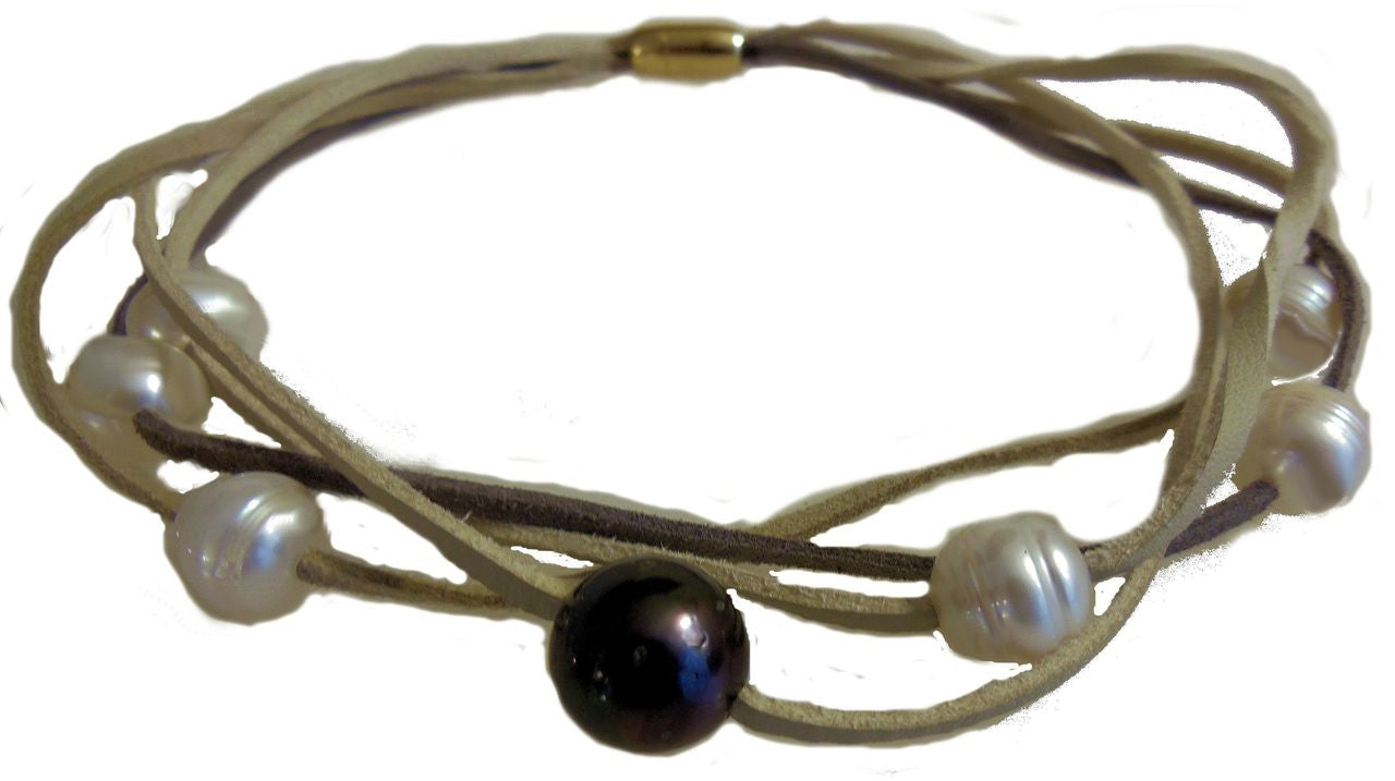 Tahitian & Freshwater Multi-Strand Pearl Necklace: Tan and Taupe Suede Cords. Elegant Magnetic Clasp from Barcelona