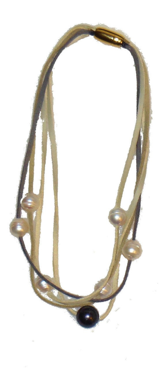 Tahitian & Freshwater Multi-Strand Pearl Necklace: Tan and Taupe Suede Cords. Elegant Magnetic Clasp from Barcelona