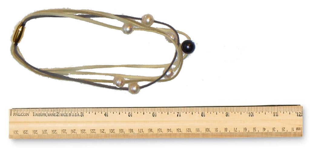Tahitian & Freshwater Multi-Strand Pearl Necklace: Tan and Taupe Suede Cords. Elegant Magnetic Clasp from Barcelona