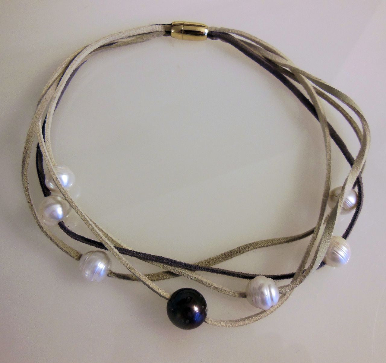Tahitian & Freshwater Multi-Strand Pearl Necklace: Tan and Taupe Suede Cords. Elegant Magnetic Clasp from Barcelona