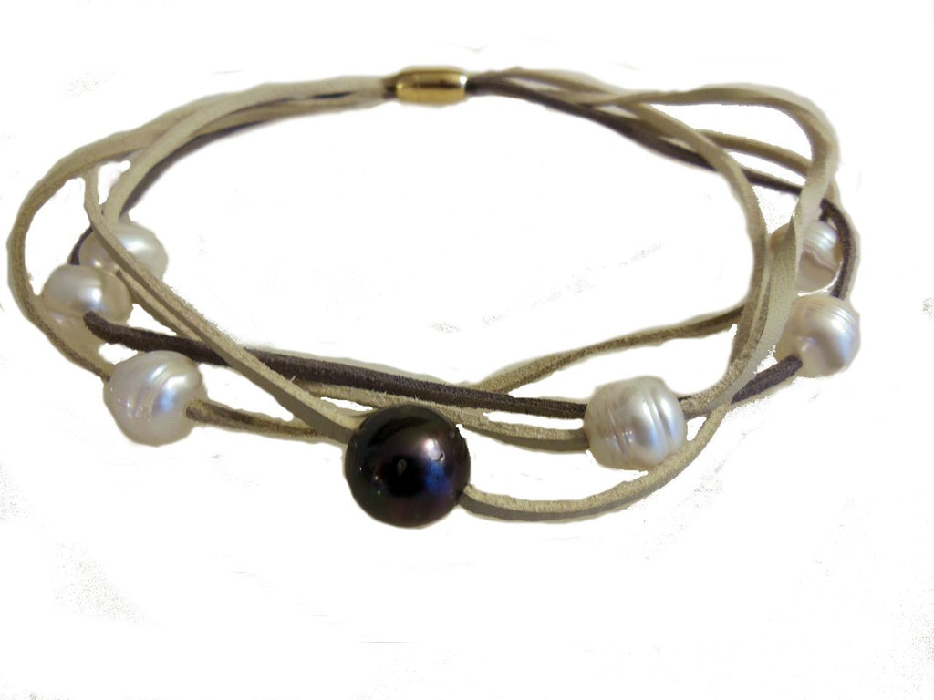 Tahitian & Freshwater Multi-Strand Pearl Necklace: Tan and Taupe Suede Cords. Elegant Magnetic Clasp from Barcelona
