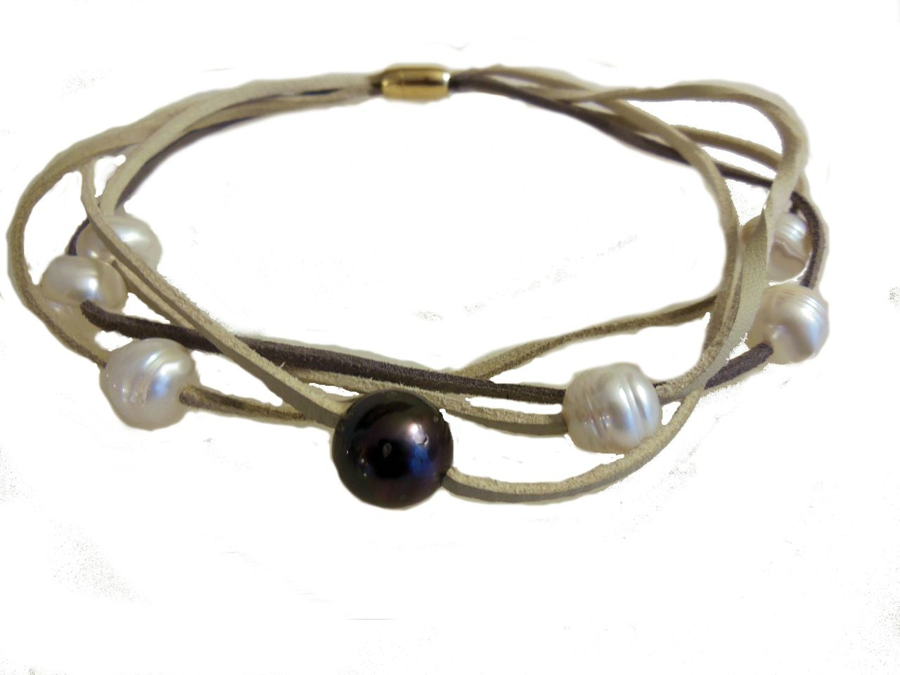 Tahitian & Freshwater Multi-Strand Pearl Necklace: Tan and Taupe Suede Cords. Elegant Magnetic Clasp from Barcelona