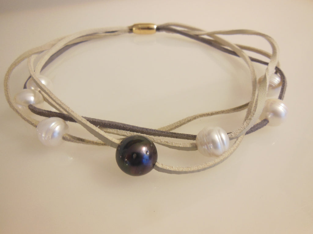 Tahitian & Freshwater Multi-Strand Pearl Necklace: Tan and Taupe Suede Cords. Elegant Magnetic Clasp from Barcelona
