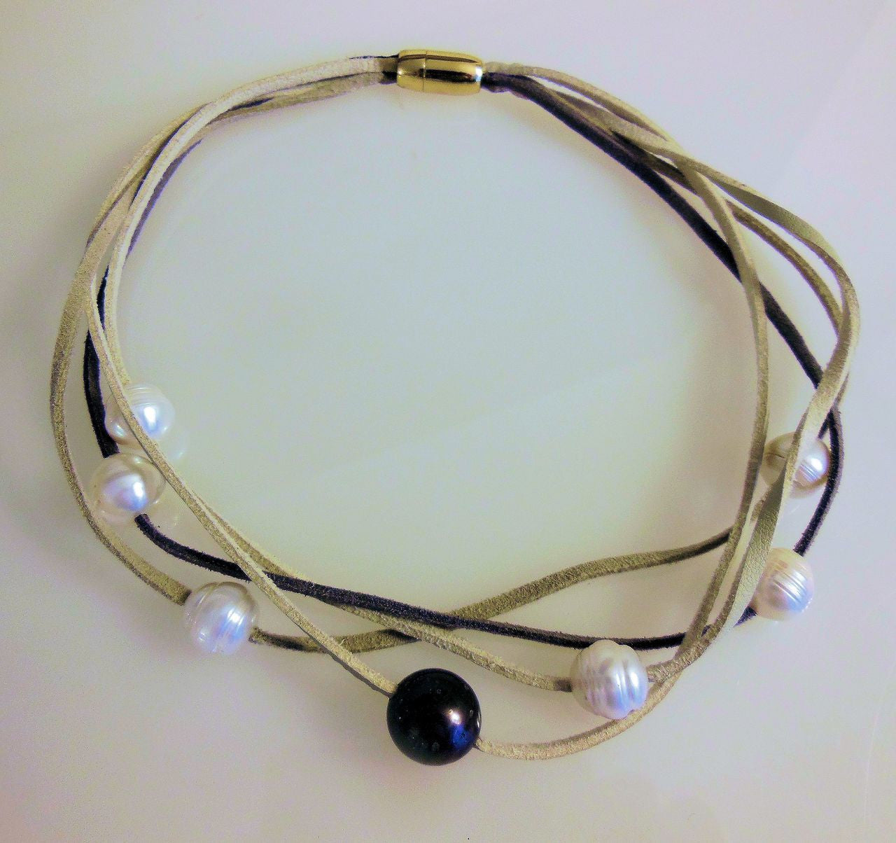 Tahitian & Freshwater Multi-Strand Pearl Necklace: Tan and Taupe Suede Cords. Elegant Magnetic Clasp from Barcelona