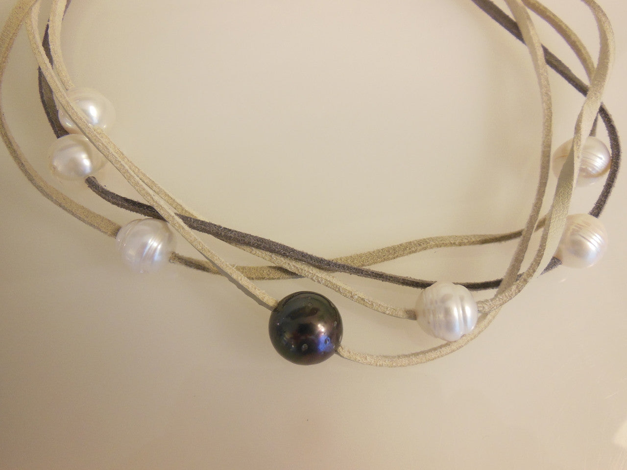 Tahitian & Freshwater Multi-Strand Pearl Necklace: Tan and Taupe Suede Cords. Elegant Magnetic Clasp from Barcelona