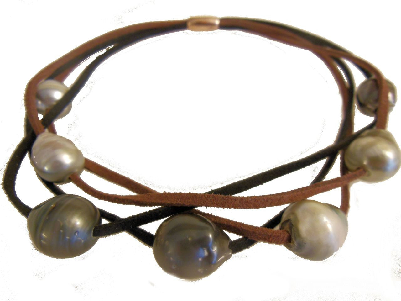 Tahitian & Freshwater Multi-Strand Pearl Necklace: Tan and Taupe Suede Cords. Elegant Magnetic Clasp from Barcelona