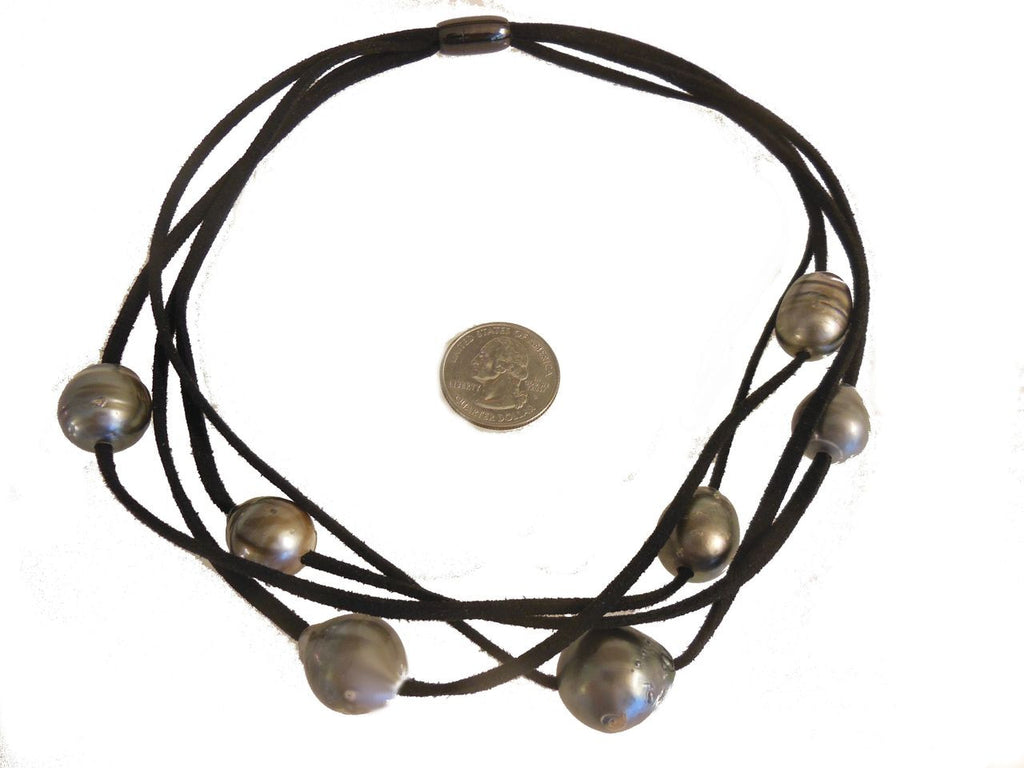 Tahitian & Freshwater Multi-Strand Pearl Necklace: Tan and Taupe Suede Cords. Elegant Magnetic Clasp from Barcelona